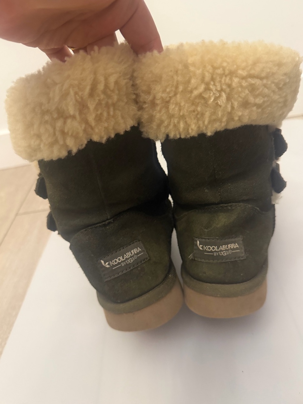 Koolaburra Kids Olive Suede Boots with Cream Shearling Cuff